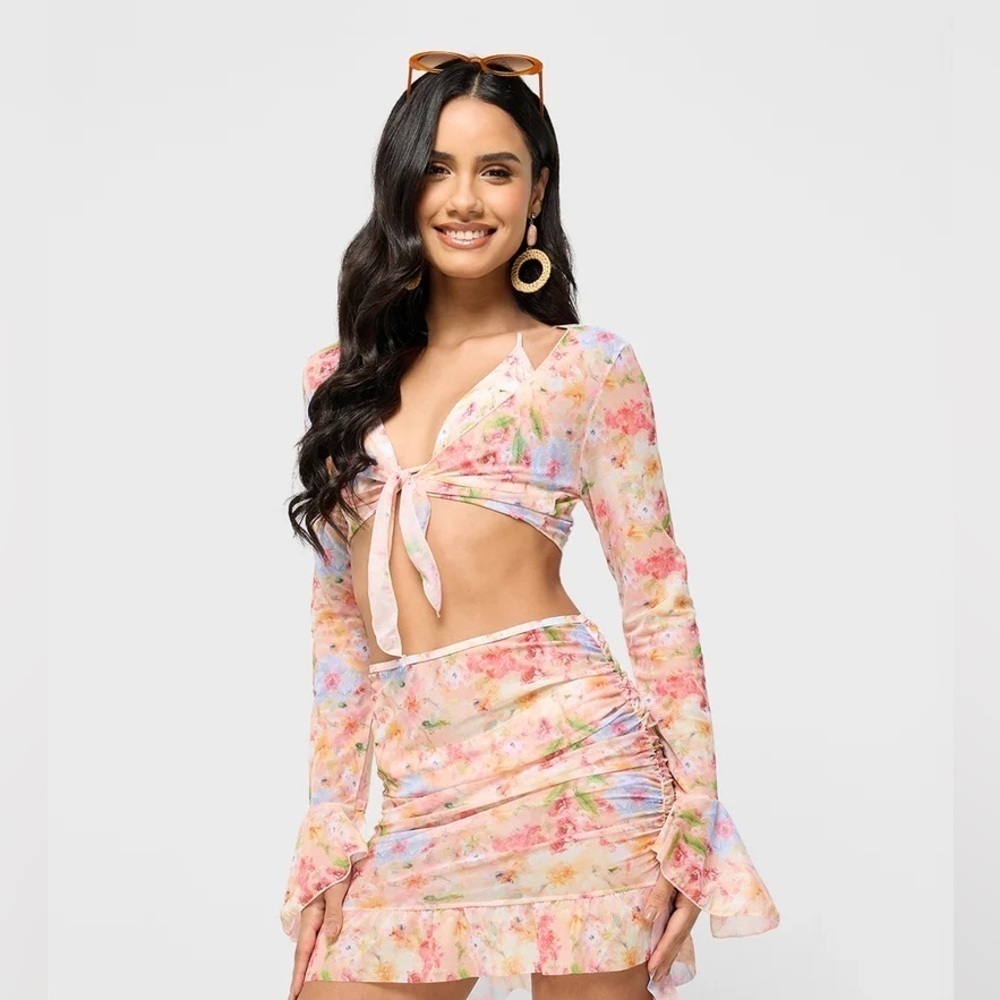 Two piece sheer swim cover up sarong skirt tie front top floral women’s medium